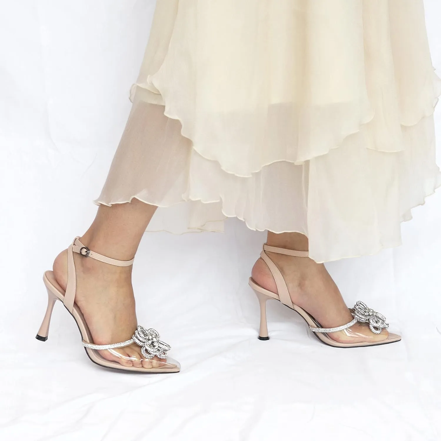 AUMOTED Women Slingback Clear Pumps Pointed Toe Metallic Stiletto High Heel Rhinestone Pumps Ankle Strap Dress Shoes Wedding 3.5 Inch