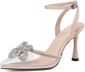 AUMOTED Women Slingback Clear Pumps Pointed Toe Metallic Stiletto High Heel Rhinestone Pumps Ankle Strap Dress Shoes Wedding 3.5 Inch