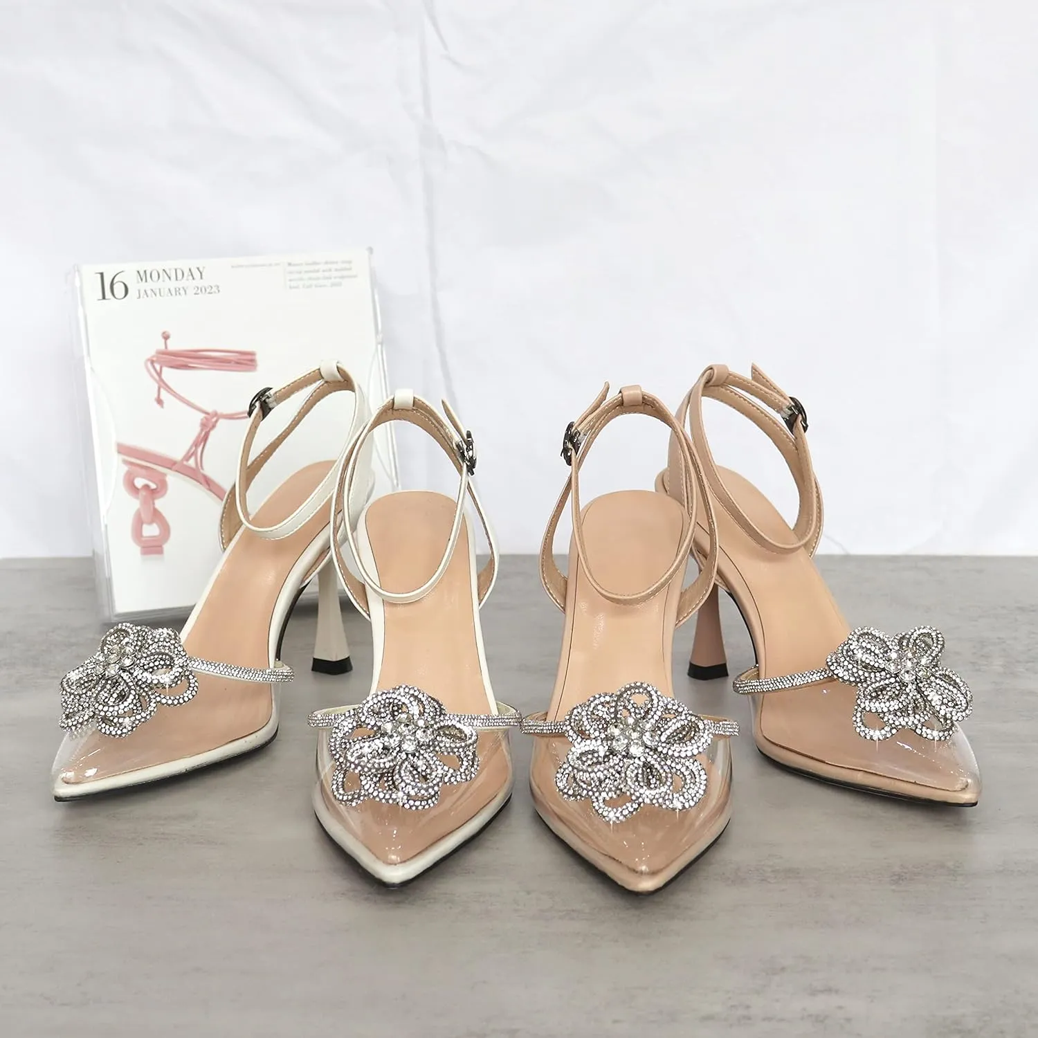 AUMOTED Women Slingback Clear Pumps Pointed Toe Metallic Stiletto High Heel Rhinestone Pumps Ankle Strap Dress Shoes Wedding 3.5 Inch
