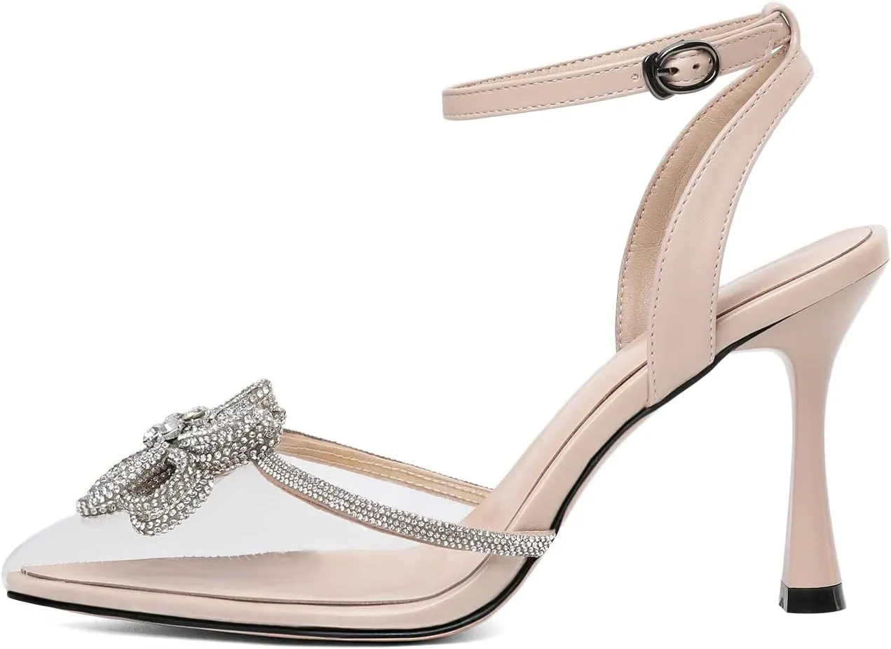 AUMOTED Women Slingback Clear Pumps Pointed Toe Metallic Stiletto High Heel Rhinestone Pumps Ankle Strap Dress Shoes Wedding 3.5 Inch