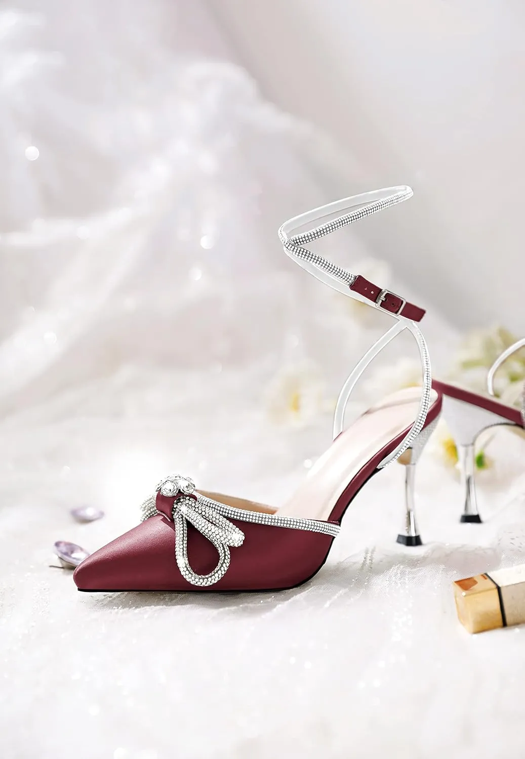 AUMOTED Women Stiletto High Heels Rhinestone Bow Heels Sparkly Wedding Closed Pointed Toe Sexy Satin Crystal Ankle Strap Pumps Bridal Dress Heeled Sandals 3.4 Inch