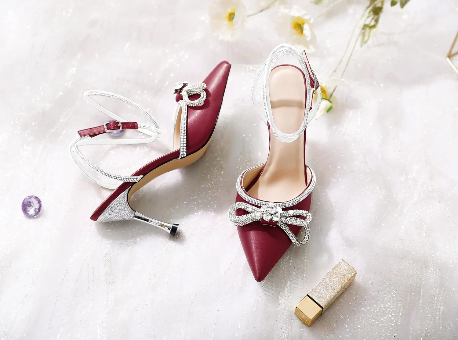 AUMOTED Women Stiletto High Heels Rhinestone Bow Heels Sparkly Wedding Closed Pointed Toe Sexy Satin Crystal Ankle Strap Pumps Bridal Dress Heeled Sandals 3.4 Inch