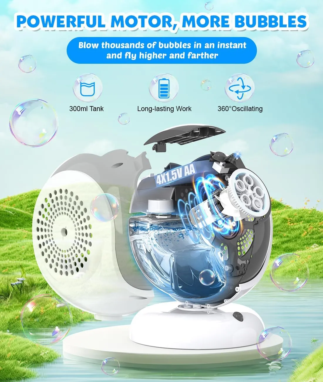 Automatic Bubble Machine - Bubbles Blower for Kids, Toddlers - 360° Oscillation & 75° Adjustment, Bubble Toys with LED Light - Gifts for Boys, Girls, Easter, Outdoor, Birthday, Party Use