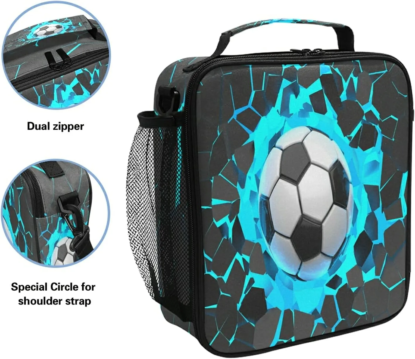 AUUXVA 3D Sport Ball Football Soccer Insulated Lunch Box Bags for Women Men Kids Girls Tote Crossbody Lunch Container Food Carrier