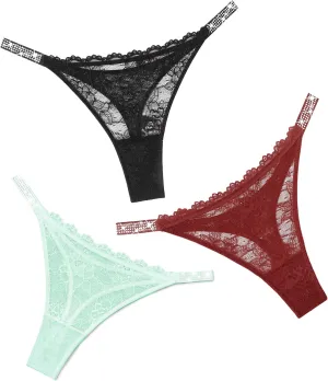 Avidlove Lace Thongs for Women with Rhinestone-Embellished Strap Cheeky Underwear Sexy Panties 1-3 Pack