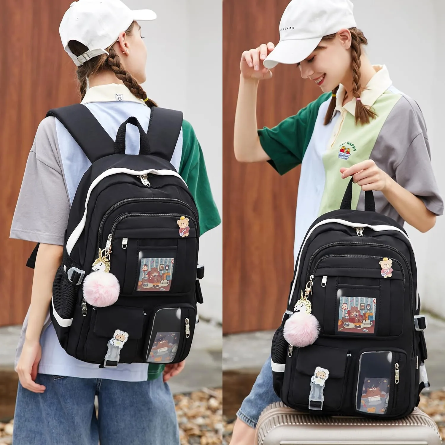 Backpack for Girls with Accessories Laptop Bookbags 16 Inch Kawaii Kids Elementary Middle High School Bag College Travel Daypack Gifts for Teens Women Students (Black)
