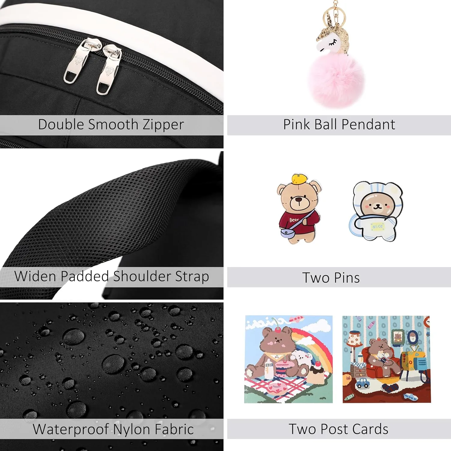 Backpack for Girls with Accessories Laptop Bookbags 16 Inch Kawaii Kids Elementary Middle High School Bag College Travel Daypack Gifts for Teens Women Students (Black)