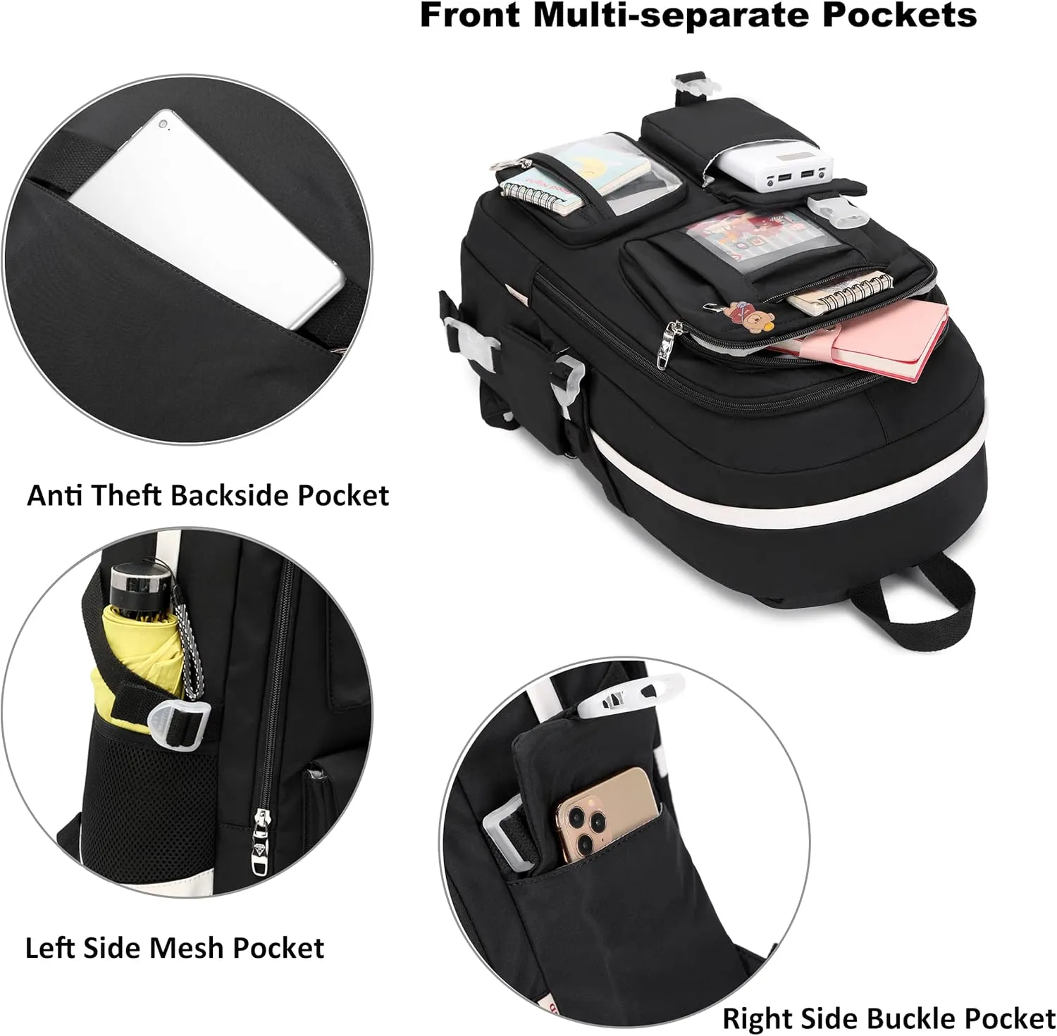 Backpack for Girls with Accessories Laptop Bookbags 16 Inch Kawaii Kids Elementary Middle High School Bag College Travel Daypack Gifts for Teens Women Students (Black)