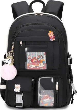 Backpack for Girls with Accessories Laptop Bookbags 16 Inch Kawaii Kids Elementary Middle High School Bag College Travel Daypack Gifts for Teens Women Students (Black)