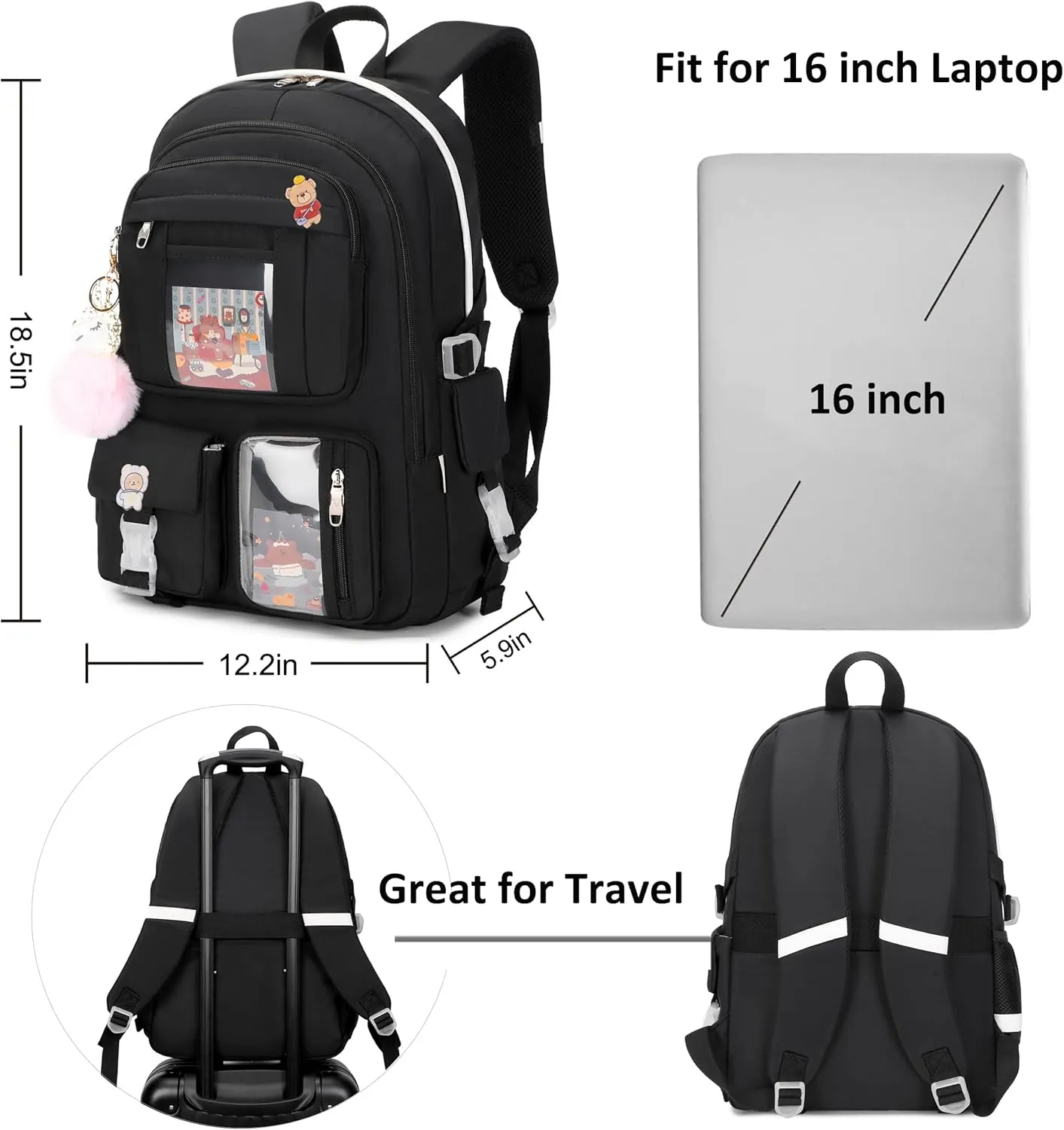 Backpack for Girls with Accessories Laptop Bookbags 16 Inch Kawaii Kids Elementary Middle High School Bag College Travel Daypack Gifts for Teens Women Students (Black)