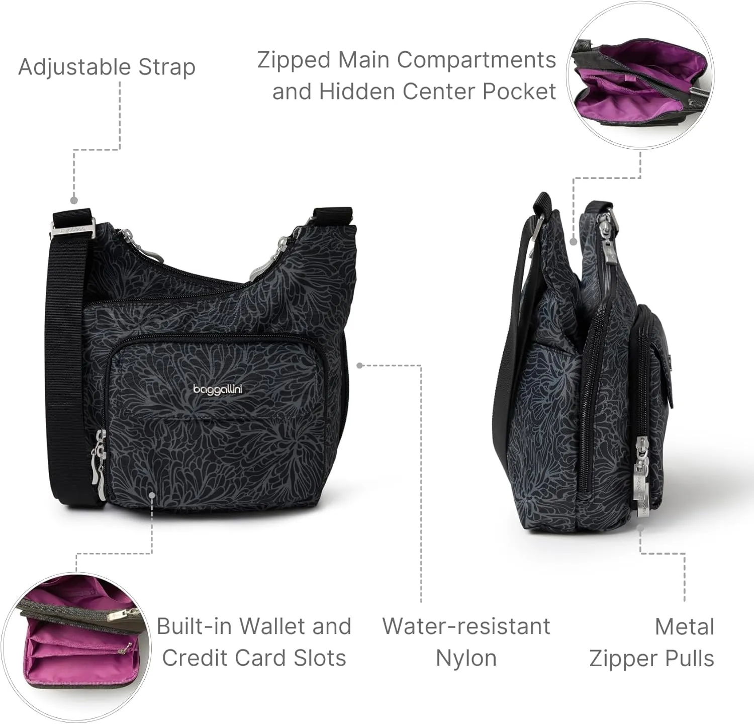 Baggallini Criss Cross 10x11 Crossbody Women Lightweight Water-Resistant Nylon Travel Bag W/RFID & Quick Access Pockets