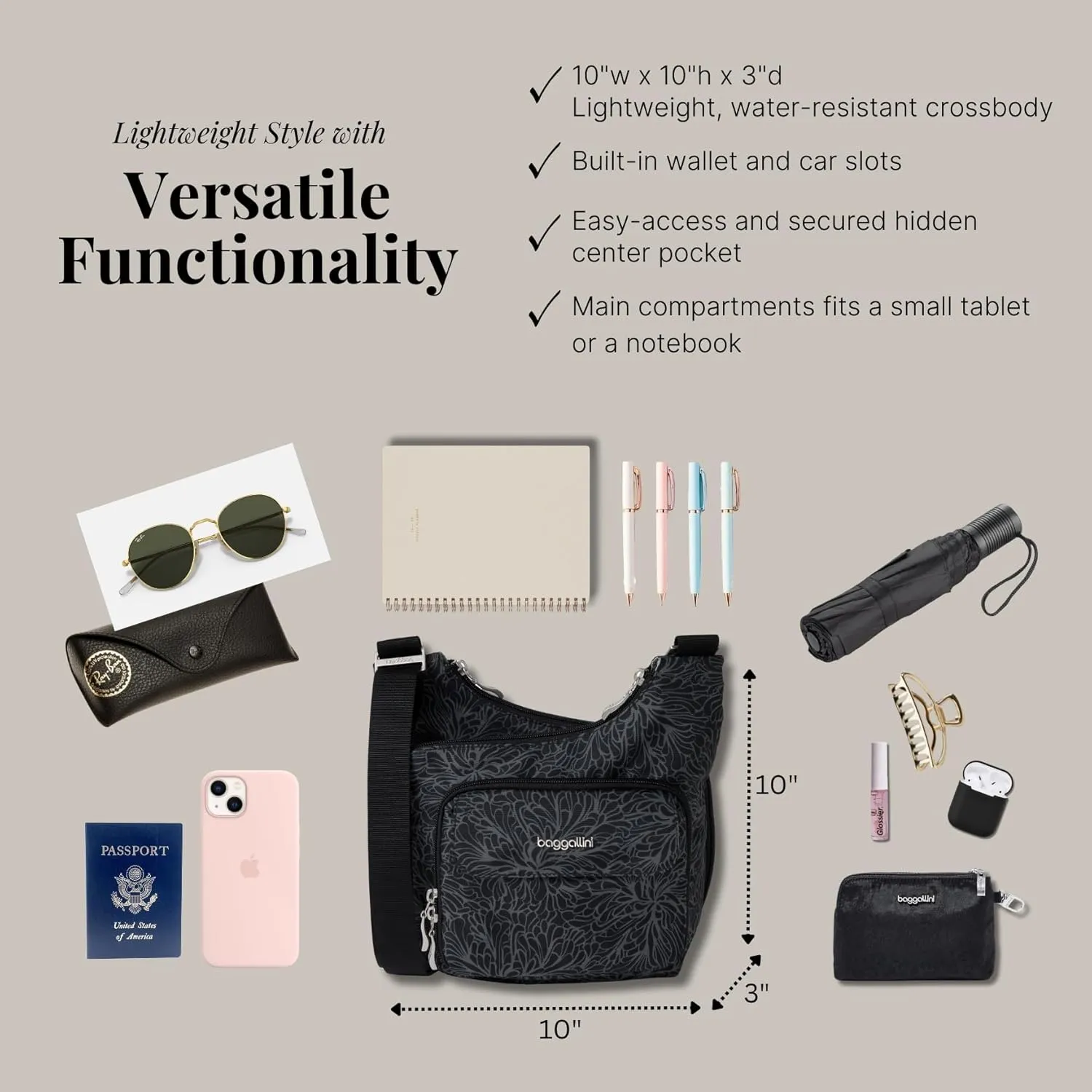 Baggallini Criss Cross 10x11 Crossbody Women Lightweight Water-Resistant Nylon Travel Bag W/RFID & Quick Access Pockets