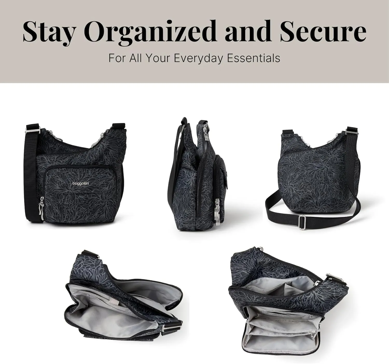 Baggallini Criss Cross 10x11 Crossbody Women Lightweight Water-Resistant Nylon Travel Bag W/RFID & Quick Access Pockets