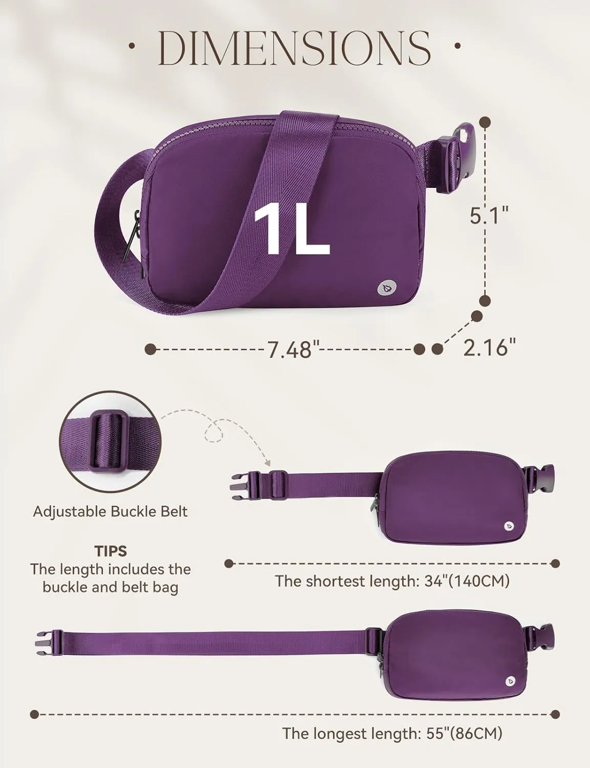 BALEAF Fanny Pack for Women Belt Bag Water Resistant Fashion Crossbody Waist Packs Adjustable Strap Purple 1L