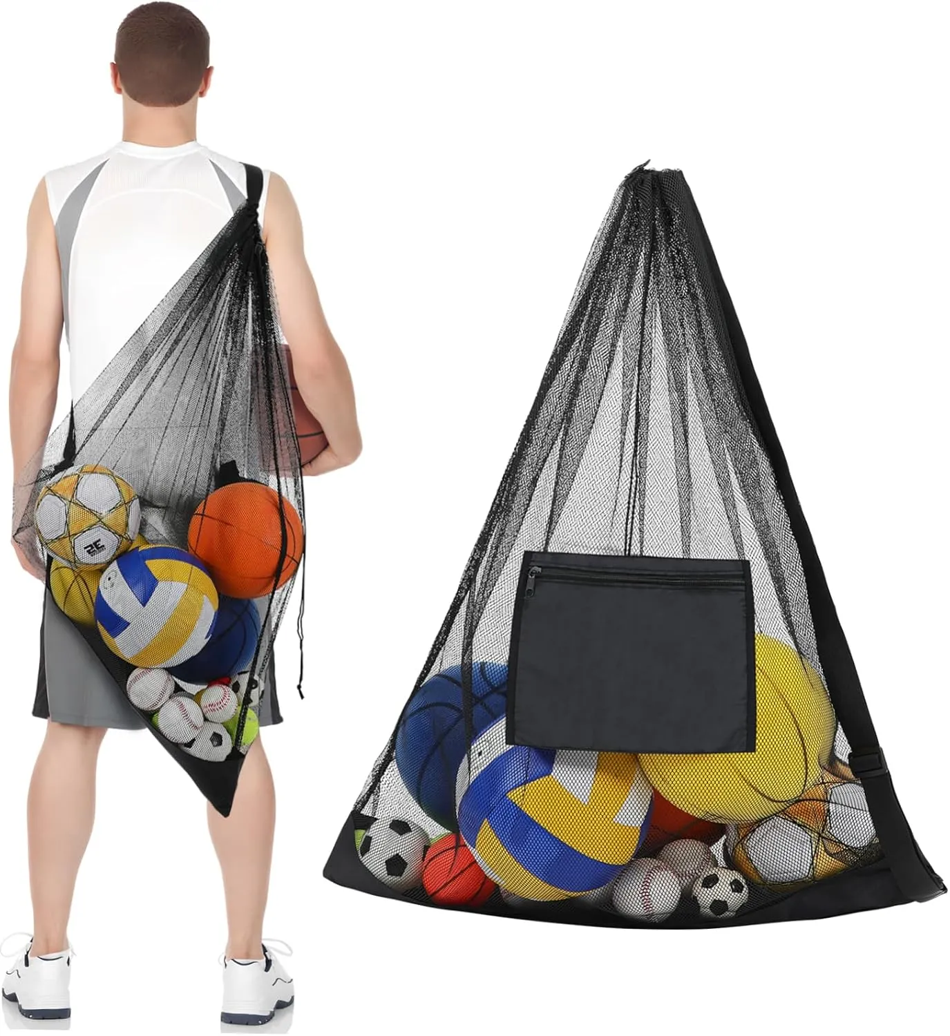 Ball Net Storage Bag with Zipper Pocket Durable Mesh Sports Bag for Volleyball Basketball and Soccer Convenient Shoulder Strap for and Athletes