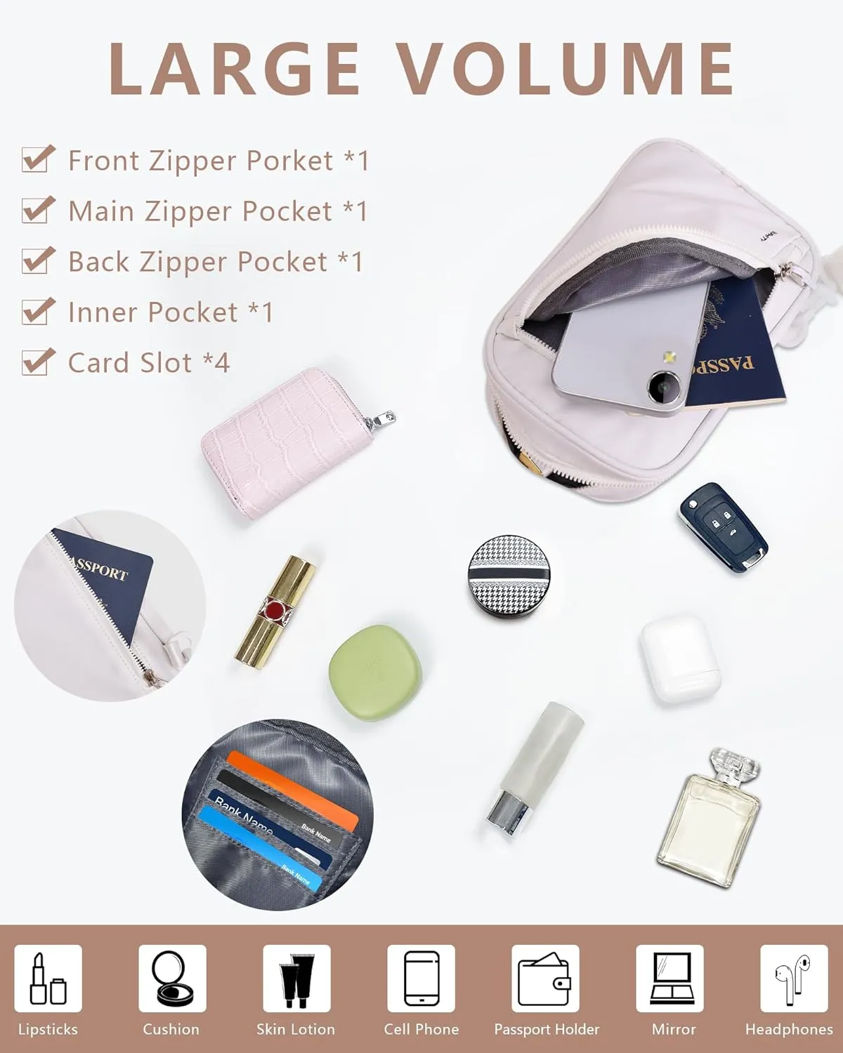 BAPHITY Small Sling Bag for Women and Men, Crossbody Bag Trendy, Fanny Packs Purses Chest Bag Small Backpack for Travel - White