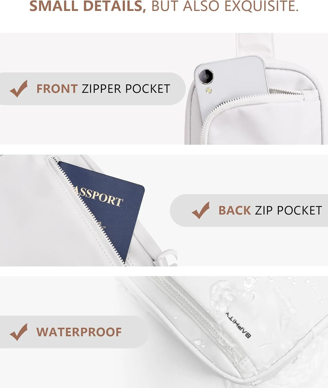 BAPHITY Small Sling Bag for Women and Men, Crossbody Bag Trendy, Fanny Packs Purses Chest Bag Small Backpack for Travel - White