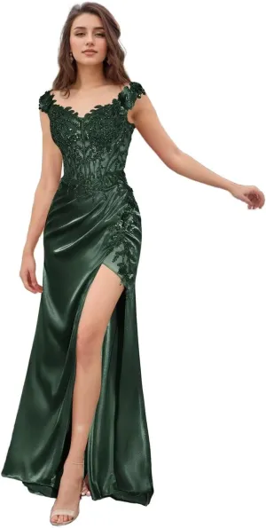 Basgute Satin Prom Dresses for Women Long 2024 3D Flower Lace Applique Off Shoulder Formal Evening Party Gown with Slit