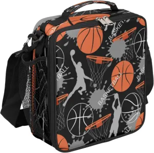Basketball Lunch Box for Kids Girls Boys, Basketball Sports Player Lunch Bag for Teens Insulated Lunchbox for School, Work, Picnic Cooler Tote Bag with Adjustable Shoulder Strap