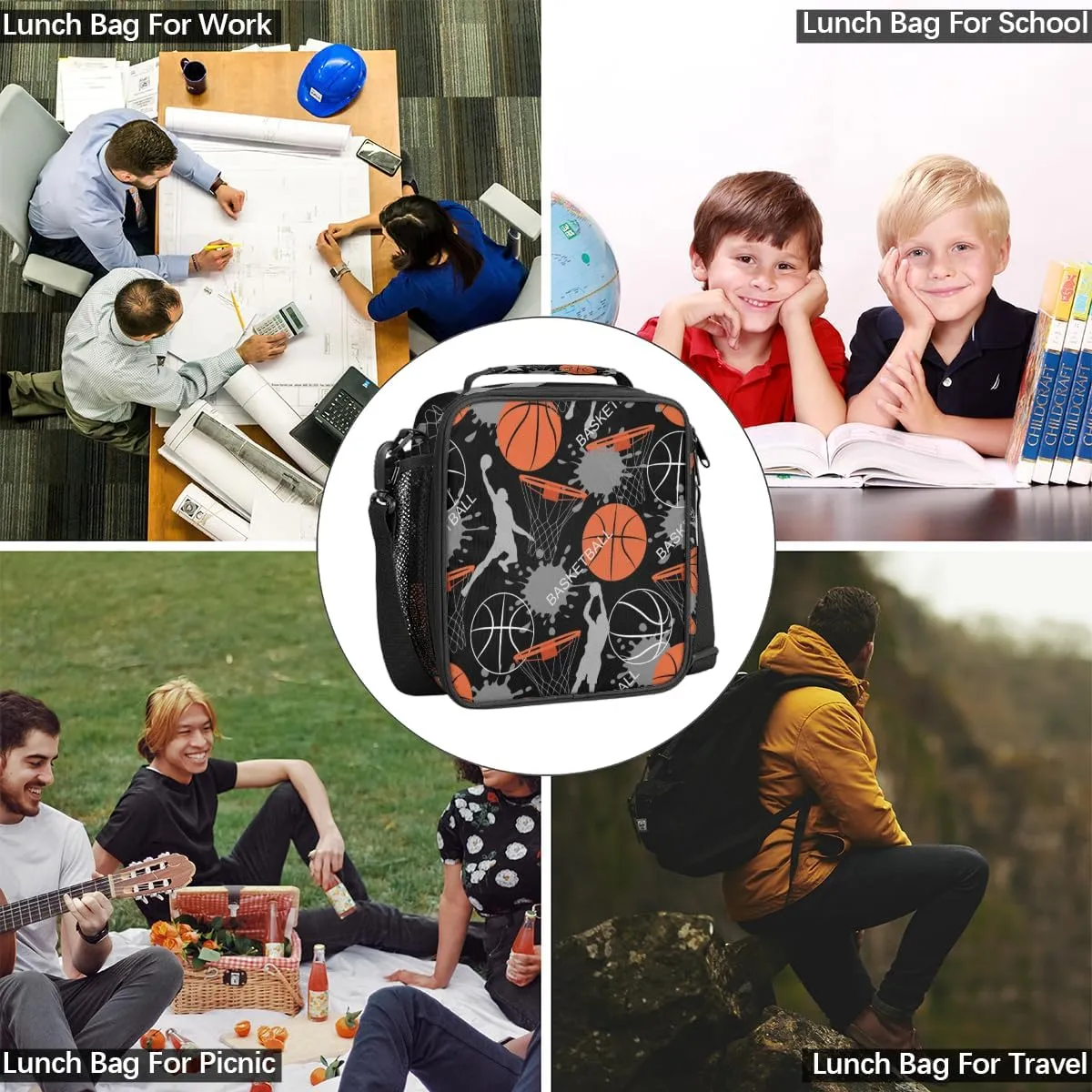 Basketball Lunch Box for Kids Girls Boys, Basketball Sports Player Lunch Bag for Teens Insulated Lunchbox for School, Work, Picnic Cooler Tote Bag with Adjustable Shoulder Strap