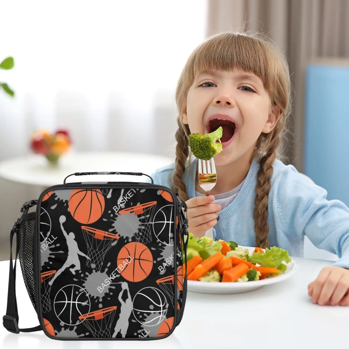 Basketball Lunch Box for Kids Girls Boys, Basketball Sports Player Lunch Bag for Teens Insulated Lunchbox for School, Work, Picnic Cooler Tote Bag with Adjustable Shoulder Strap