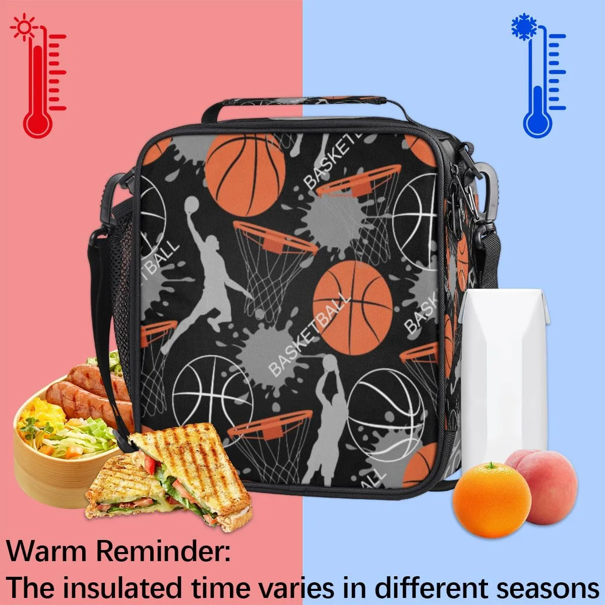 Basketball Lunch Box for Kids Girls Boys, Basketball Sports Player Lunch Bag for Teens Insulated Lunchbox for School, Work, Picnic Cooler Tote Bag with Adjustable Shoulder Strap
