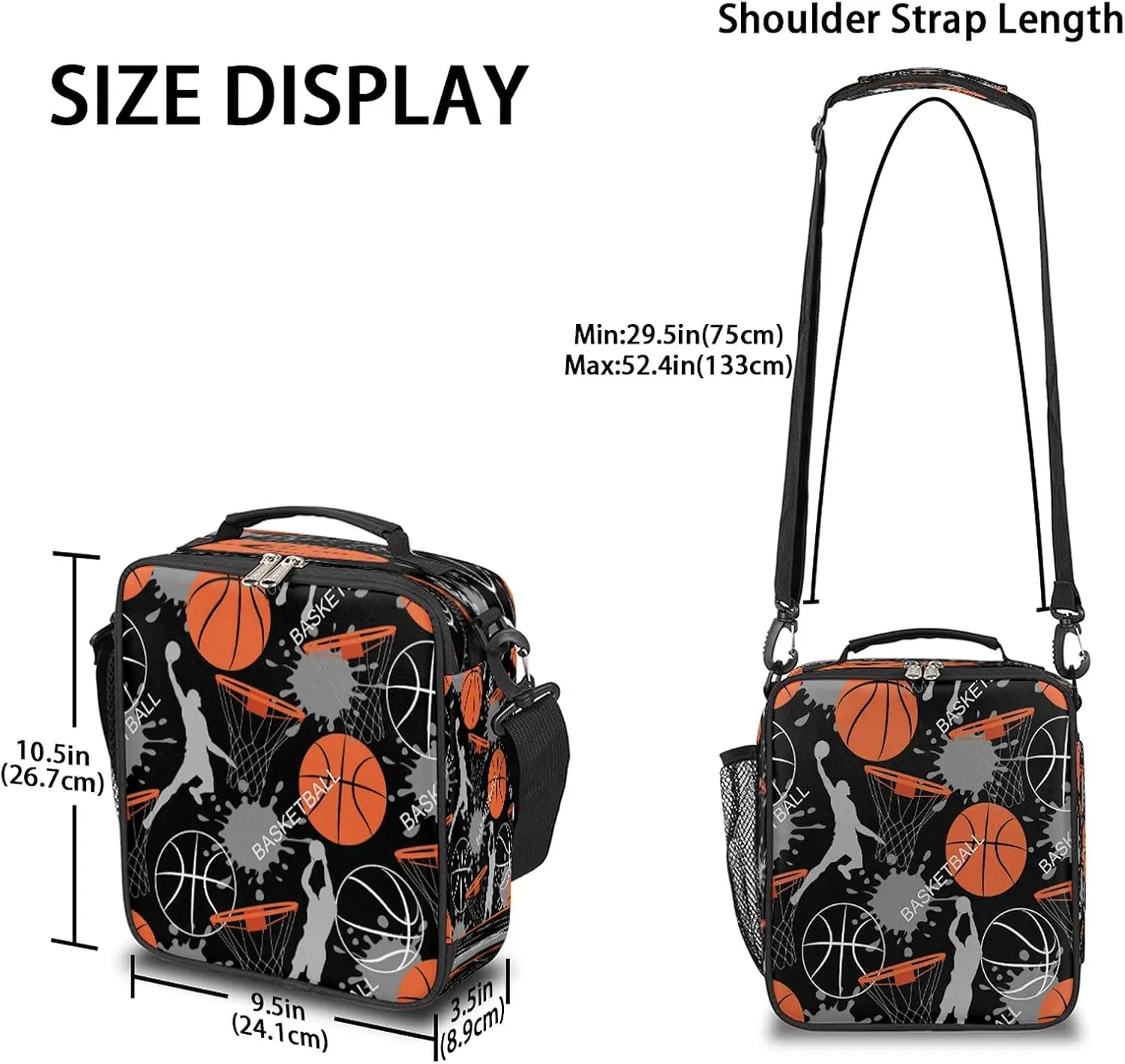 Basketball Lunch Box for Kids Girls Boys, Basketball Sports Player Lunch Bag for Teens Insulated Lunchbox for School, Work, Picnic Cooler Tote Bag with Adjustable Shoulder Strap
