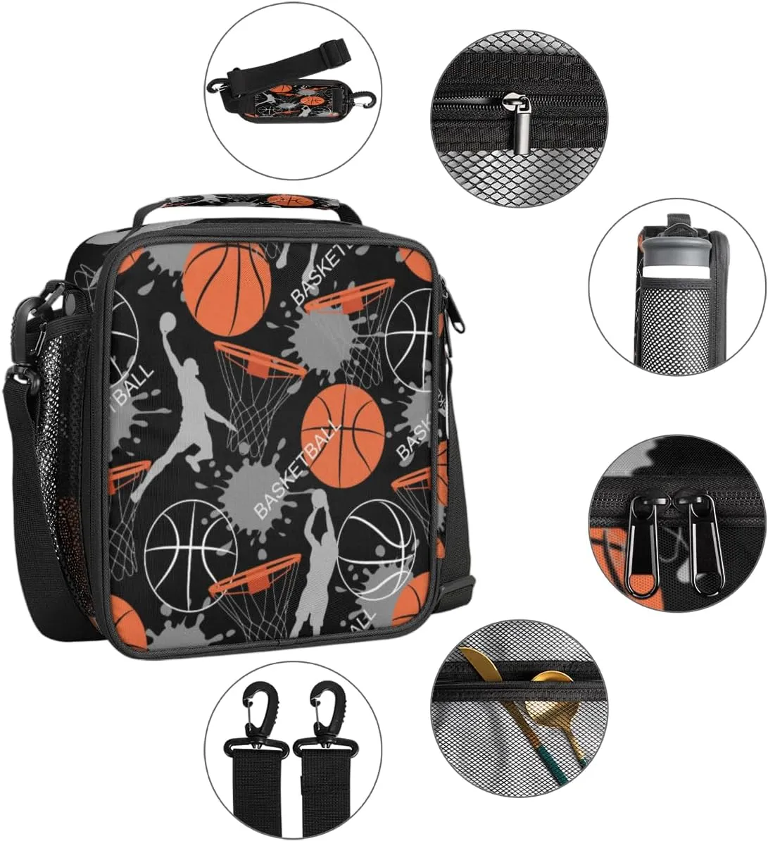 Basketball Lunch Box for Kids Girls Boys, Basketball Sports Player Lunch Bag for Teens Insulated Lunchbox for School, Work, Picnic Cooler Tote Bag with Adjustable Shoulder Strap