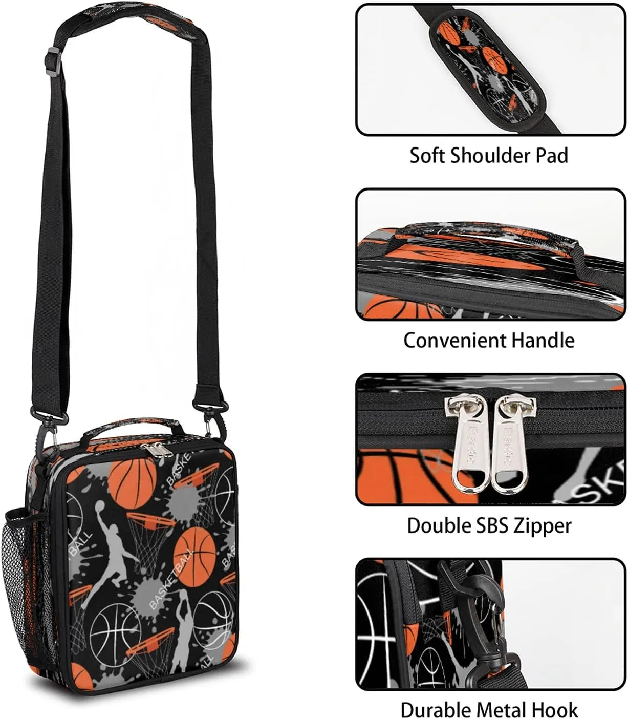 Basketball Lunch Box for Kids Girls Boys, Basketball Sports Player Lunch Bag for Teens Insulated Lunchbox for School, Work, Picnic Cooler Tote Bag with Adjustable Shoulder Strap