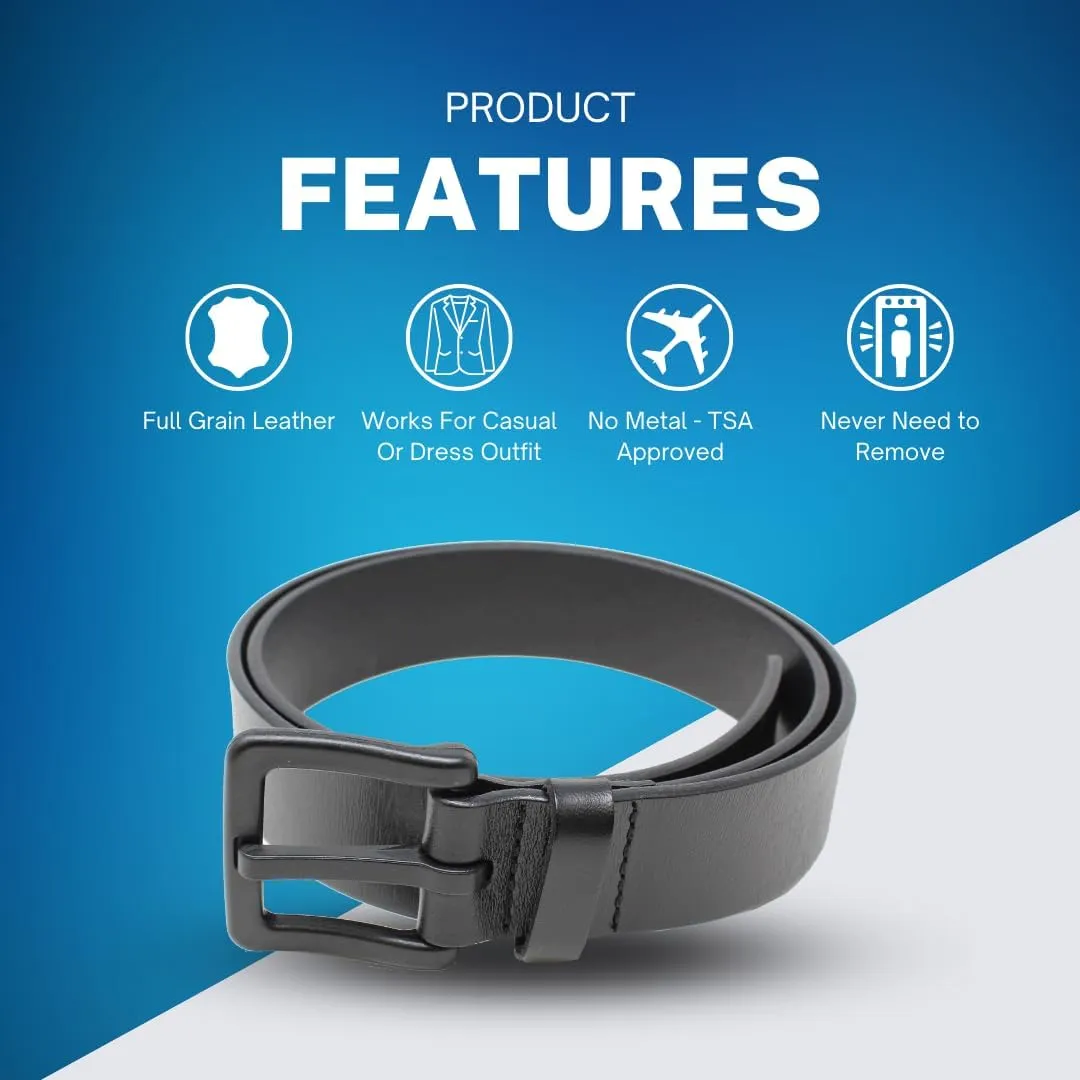 BC Belts Men's Metal Free Full Grain Leather Belt - Hypoallergenic No Nickel and TSA Approved
