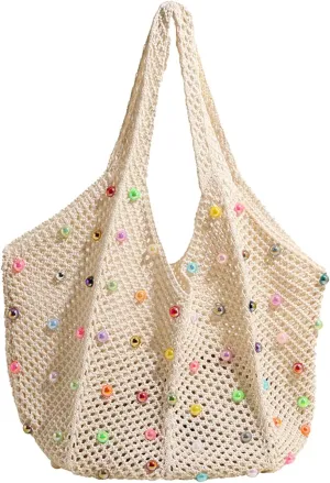 Beach Bags for Women,Crochet Beaded Bag Tote Cute Knit Beaded Shoulder Hippie Tote With Colored Beads|Off-White