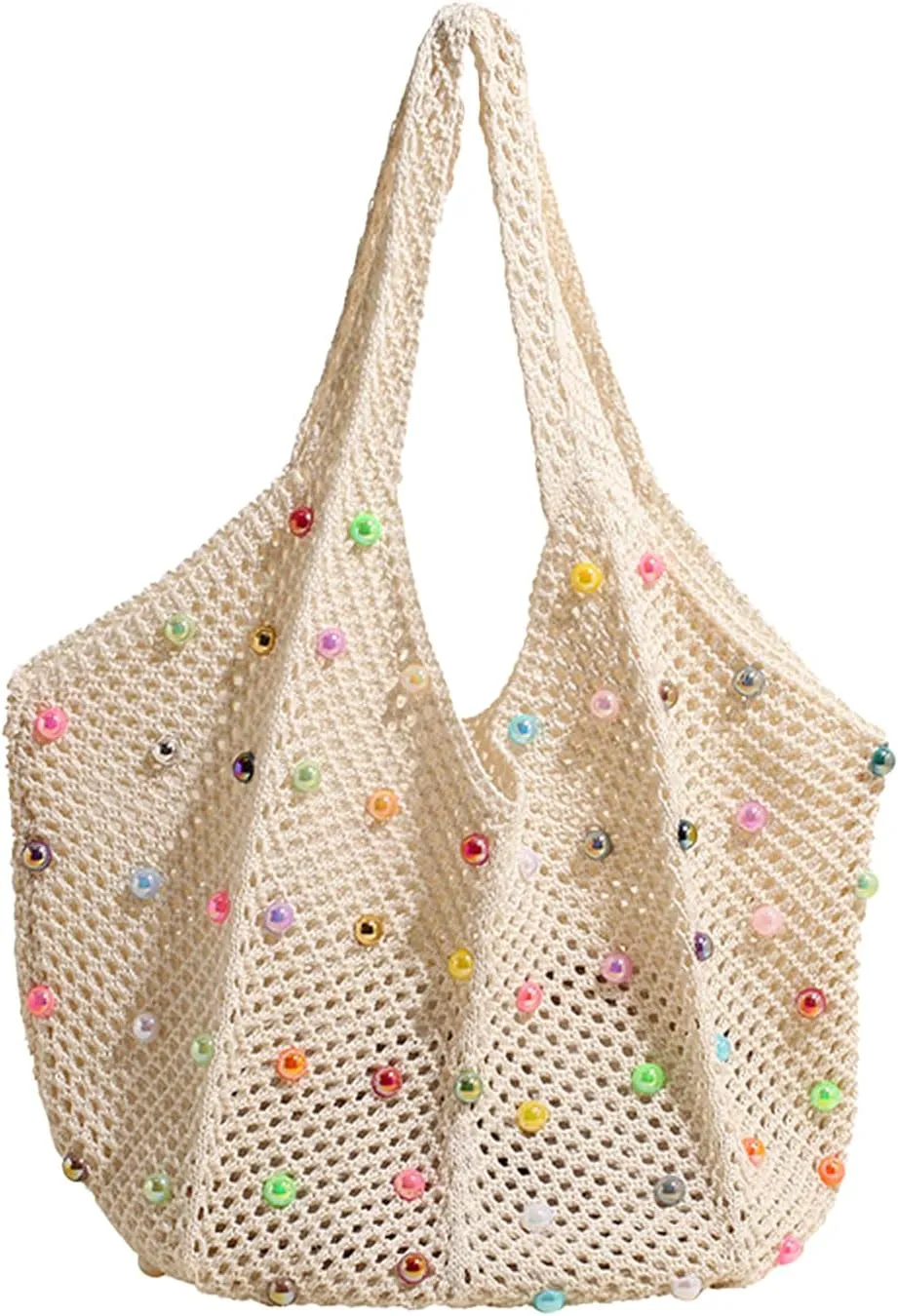 Beach Bags for Women,Crochet Beaded Bag Tote Cute Knit Beaded Shoulder Hippie Tote With Colored Beads|Off-White