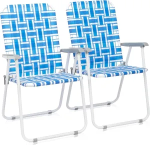 Beach Chair 2-Pack Camping Chair, Sunbathing Chairs High Back Outdoor Lawn Concert Beach Folding Chair with Hard Arms for Adults Camping Festival Sand (Light Blue-2 Pcs)