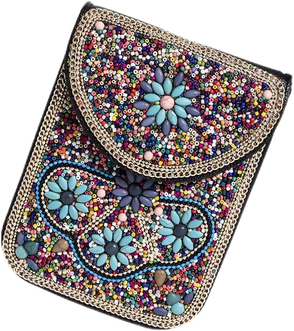 Beaded Cell Phone Crossbody Bag for Women, Boho Small Shoulder Purse Wallet with Beads and Turquoise Design, Adjustable Strap
