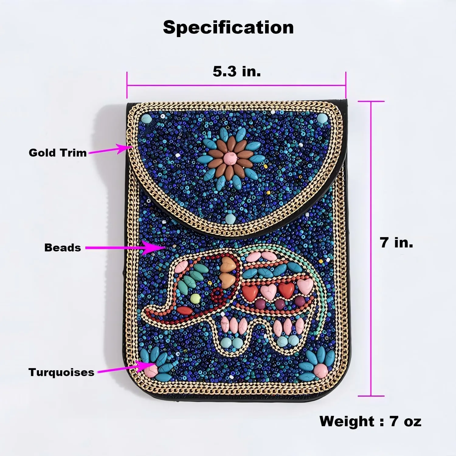 Beaded Cell Phone Crossbody Bag for Women, Boho Small Shoulder Purse Wallet with Beads and Turquoise Design, Adjustable Strap