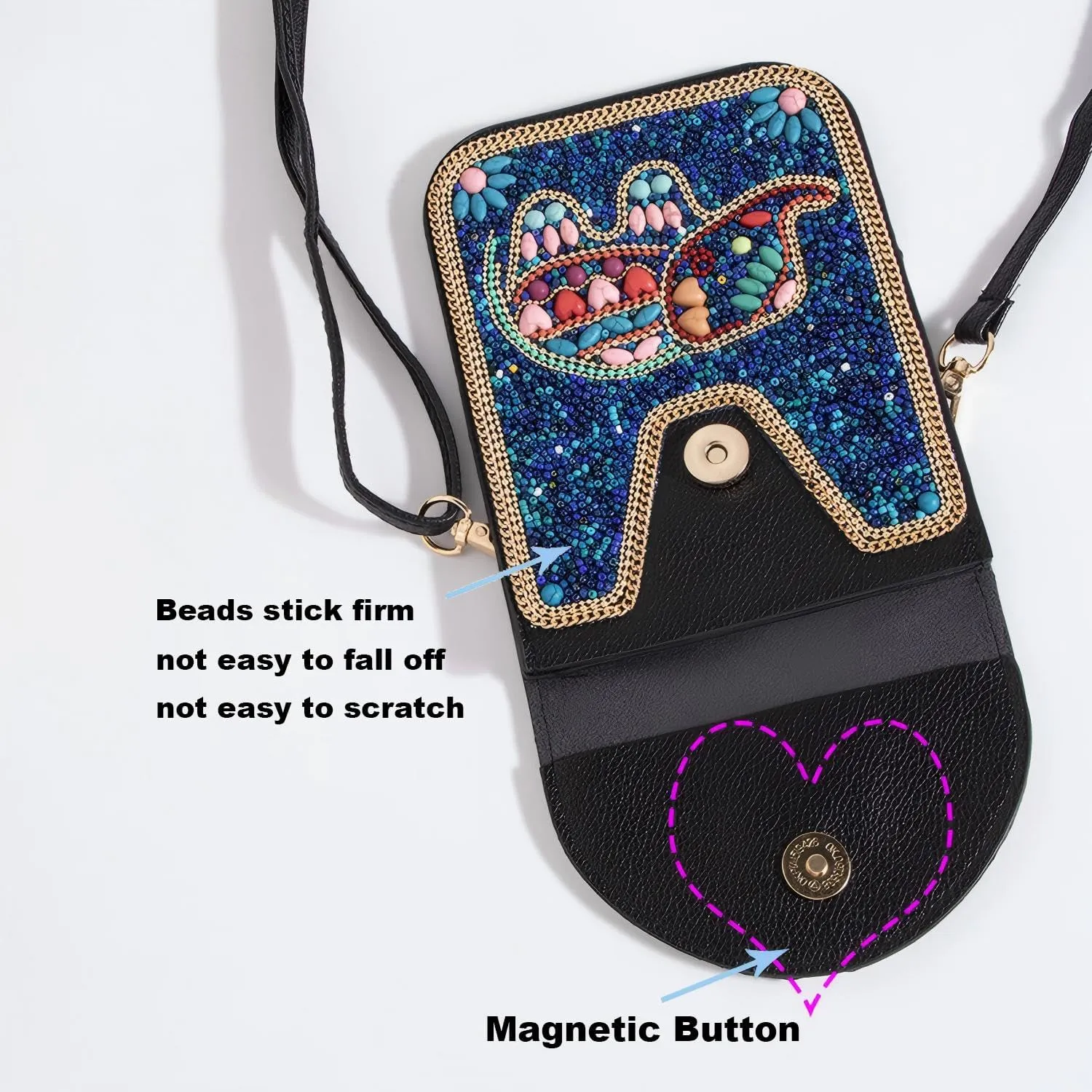 Beaded Cell Phone Crossbody Bag for Women, Boho Small Shoulder Purse Wallet with Beads and Turquoise Design, Adjustable Strap