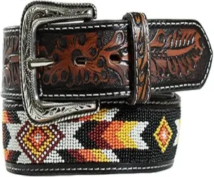 Beaded Handmade Men's Leather Belt Quality Thick Durable Wax Colorful Designs Cowboy Western Style Alloy Classic Fitted Casual Formal Wear in Pant Trouser Jeans Size: W-40-43/L-51in