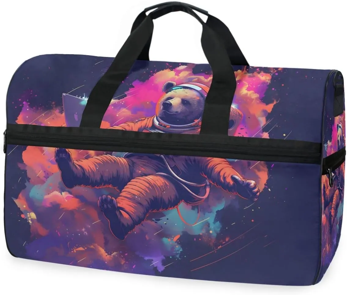 Bear Astronaut Travel Duffel Bag Luggage Sports Gym Bags With Shoes Compartment Large Capacity Lightweight Duffle Bag For Men Women