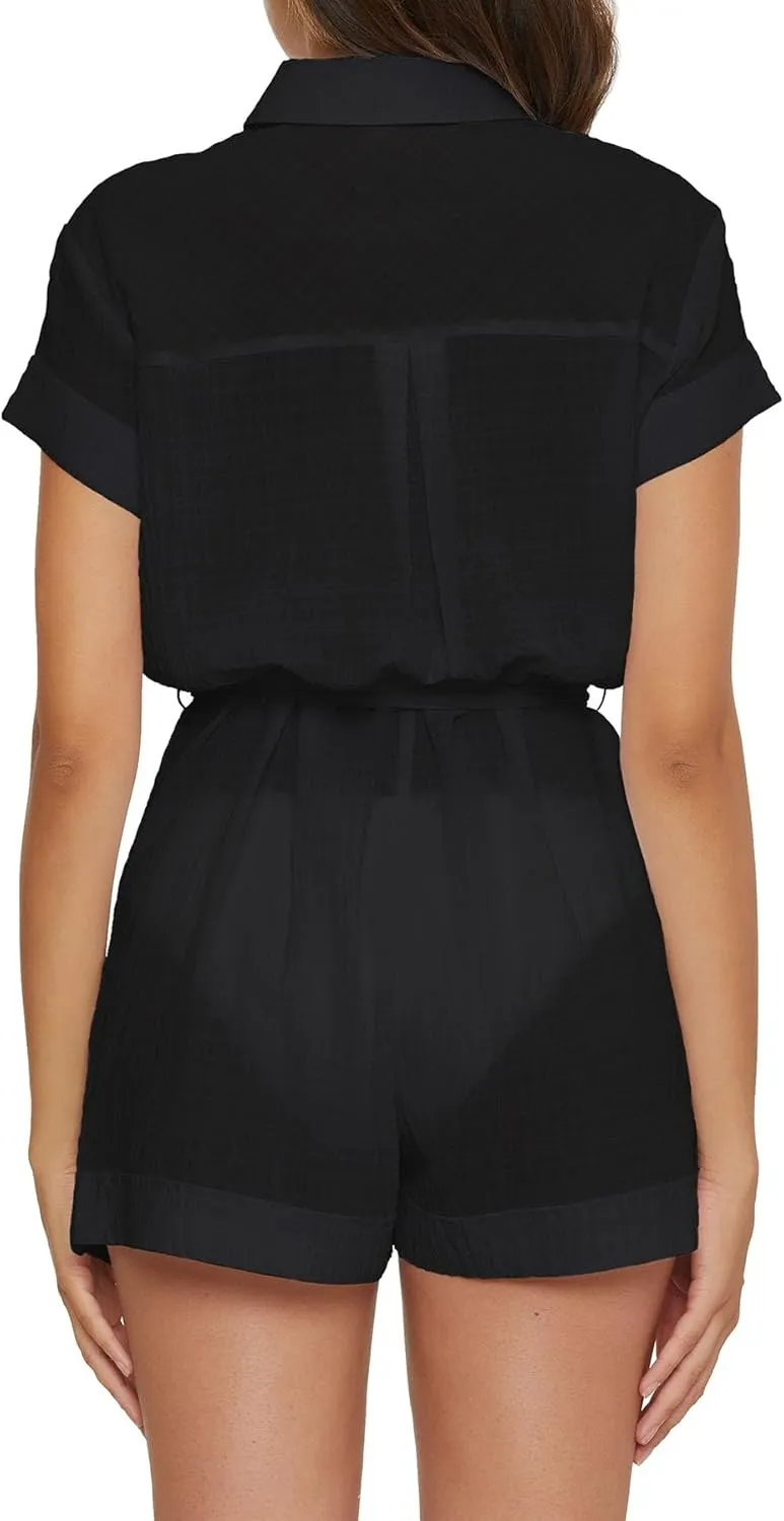BECCA womens Cabana Short Romper, Collared Button-up, Beach Cover Ups for Women