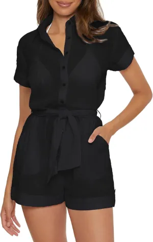 BECCA womens Cabana Short Romper, Collared Button-up, Beach Cover Ups for Women