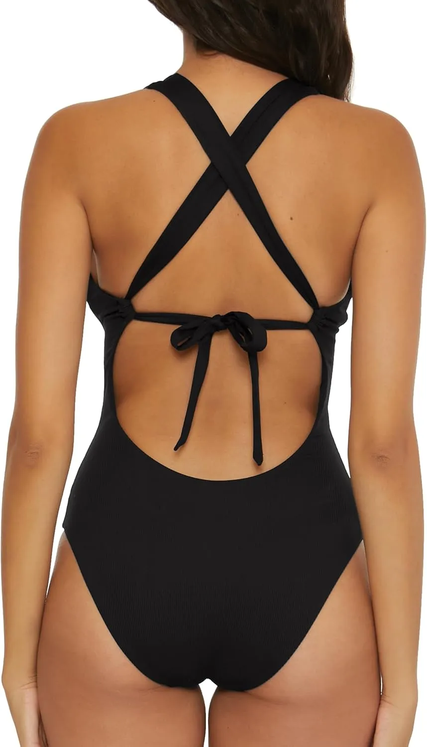 BECCA Women's Modern Edge One Piece Swimsuit, Plunge Neck, Criss Cross, Bathing Suits