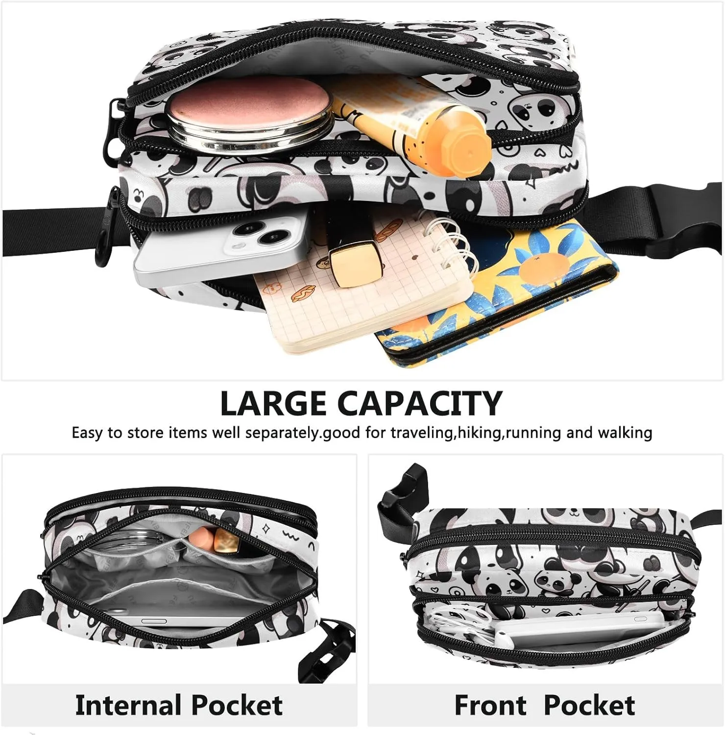 Belt Bags Adorable Panda Doodles Belt Bag with Adjustable Strap Small Crossbody Bag for Women Travel