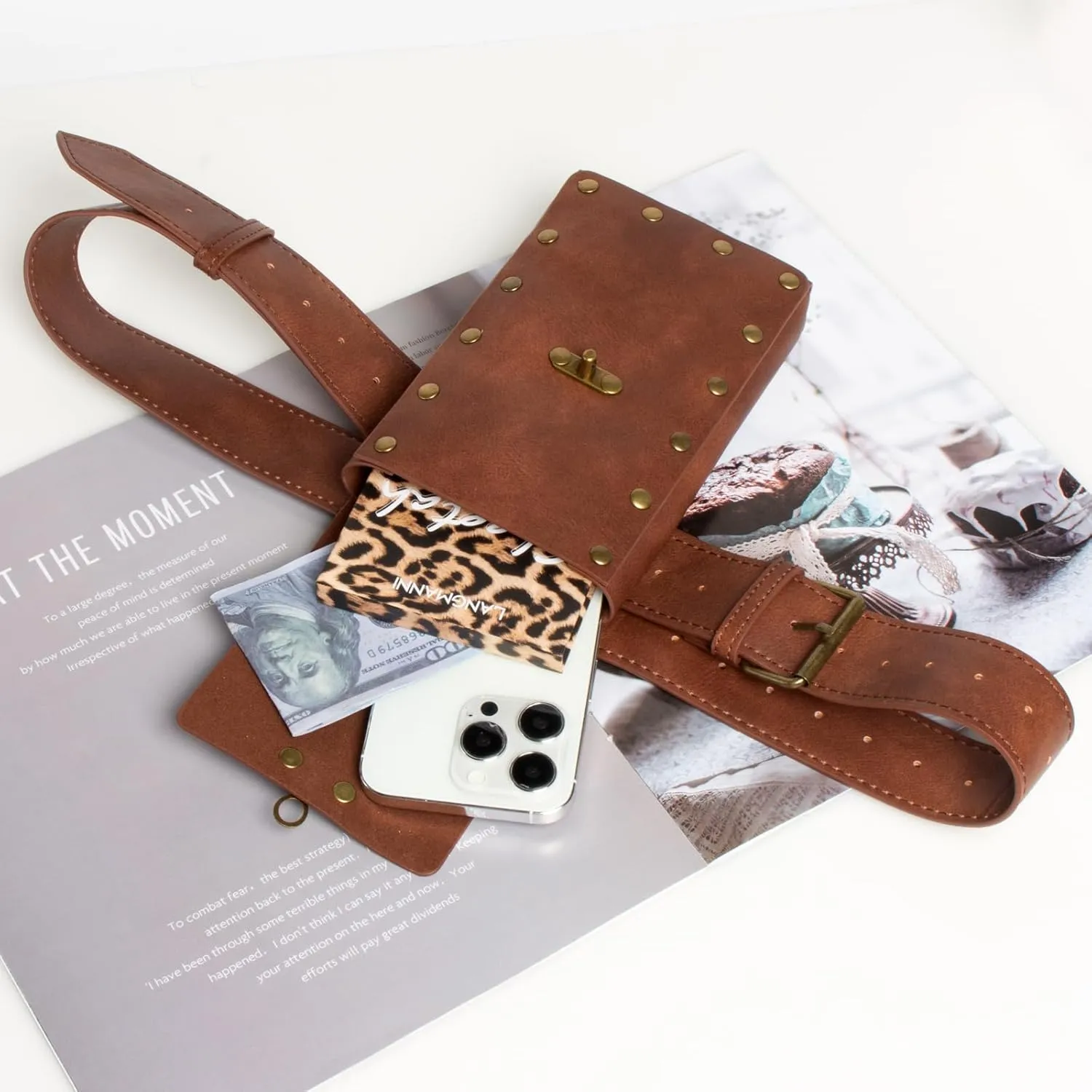 Belt Pouch Waist Bag Fanny Pack Steampunk Phone Holder Medieval Bag Leather Belt Renaissance Cosplay Costume Accessories (2Pouch-Brown)