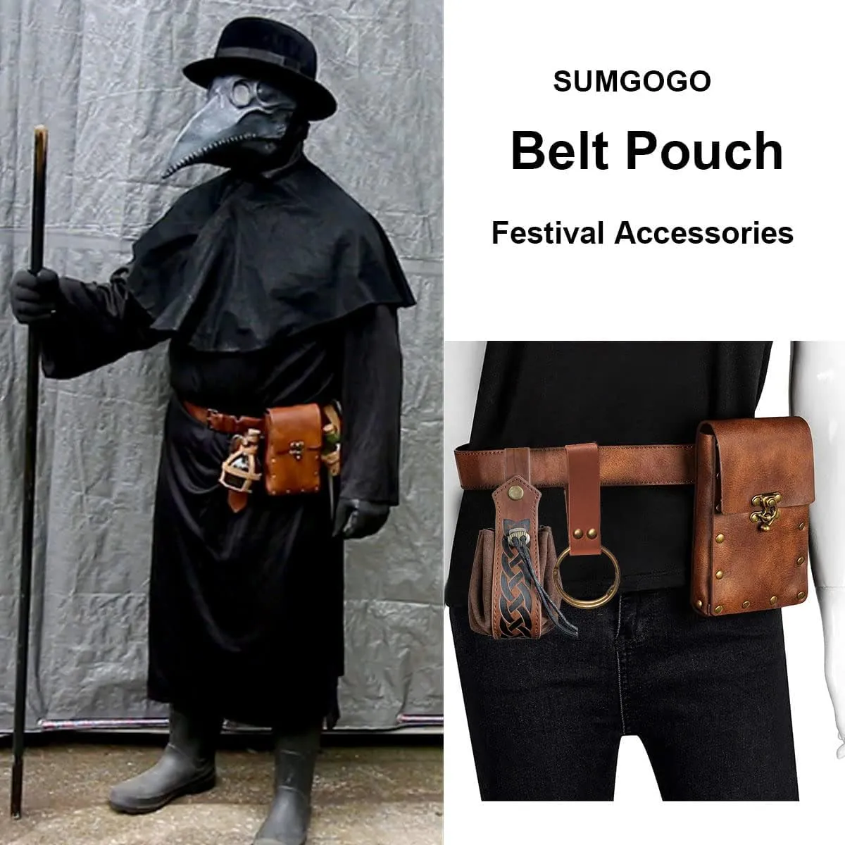 Belt Pouch Waist Bag Fanny Pack Steampunk Phone Holder Medieval Bag Leather Belt Renaissance Cosplay Costume Accessories (2Pouch-Brown)