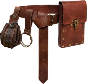 Belt Pouch Waist Bag Fanny Pack Steampunk Phone Holder Medieval Bag Leather Belt Renaissance Cosplay Costume Accessories (2Pouch-Brown)