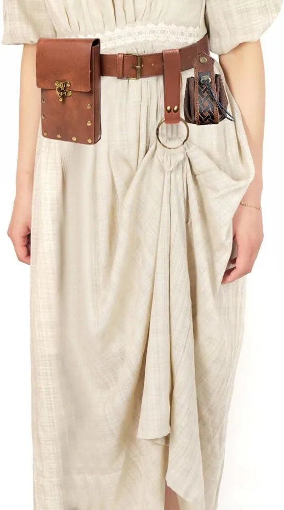 Belt Pouch Waist Bag Fanny Pack Steampunk Phone Holder Medieval Bag Leather Belt Renaissance Cosplay Costume Accessories (2Pouch-Brown)
