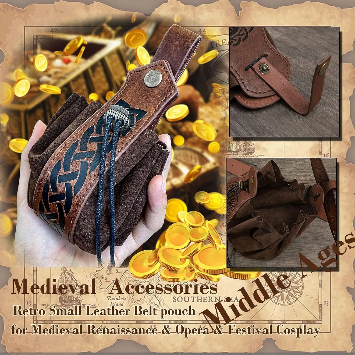 Belt Pouch Waist Bag Fanny Pack Steampunk Phone Holder Medieval Bag Leather Belt Renaissance Cosplay Costume Accessories (2Pouch-Brown)