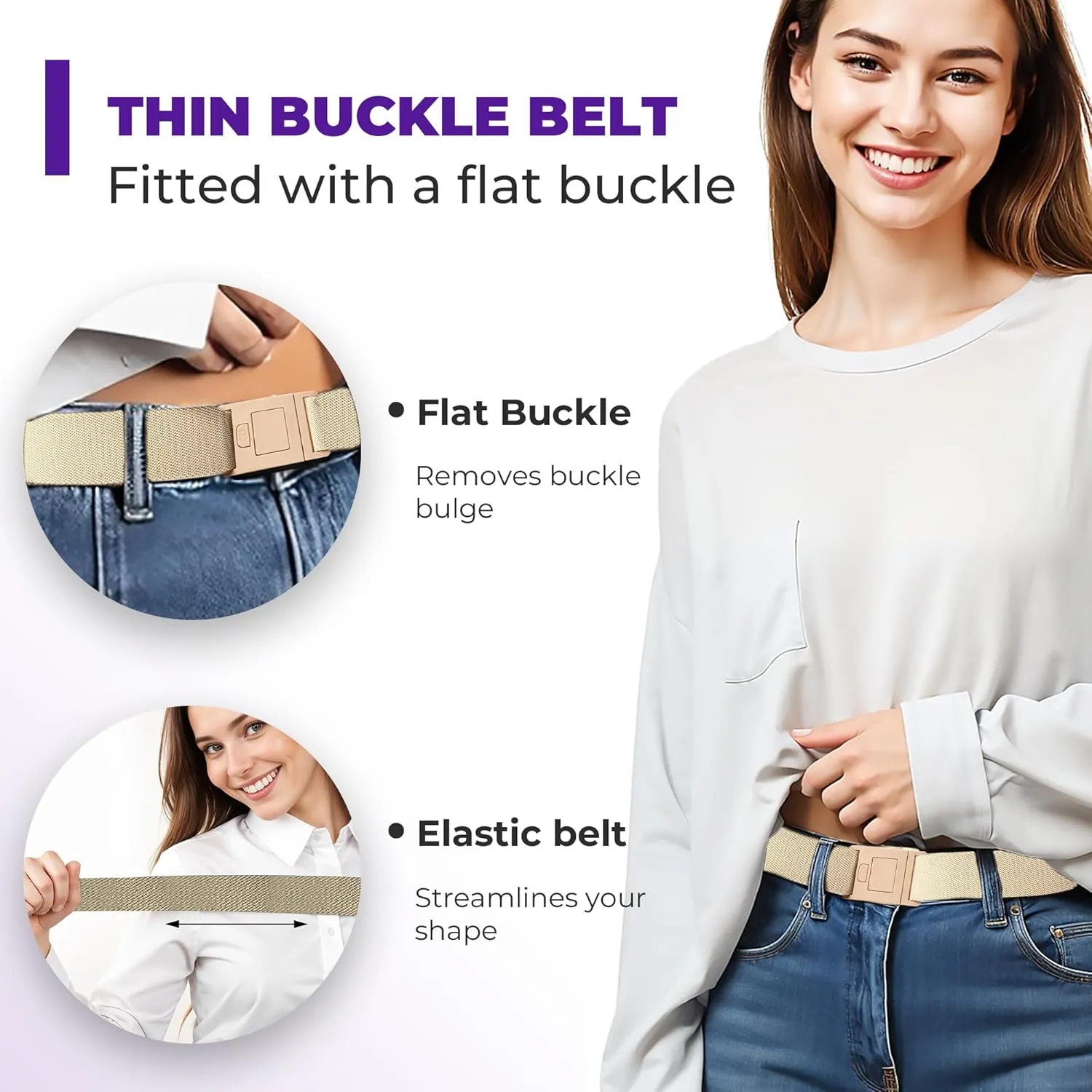 BELTAWAY Easily Adjustable Elastic Flat Buckle No Show Belts for Women – Stretch No Bulge jeans pants