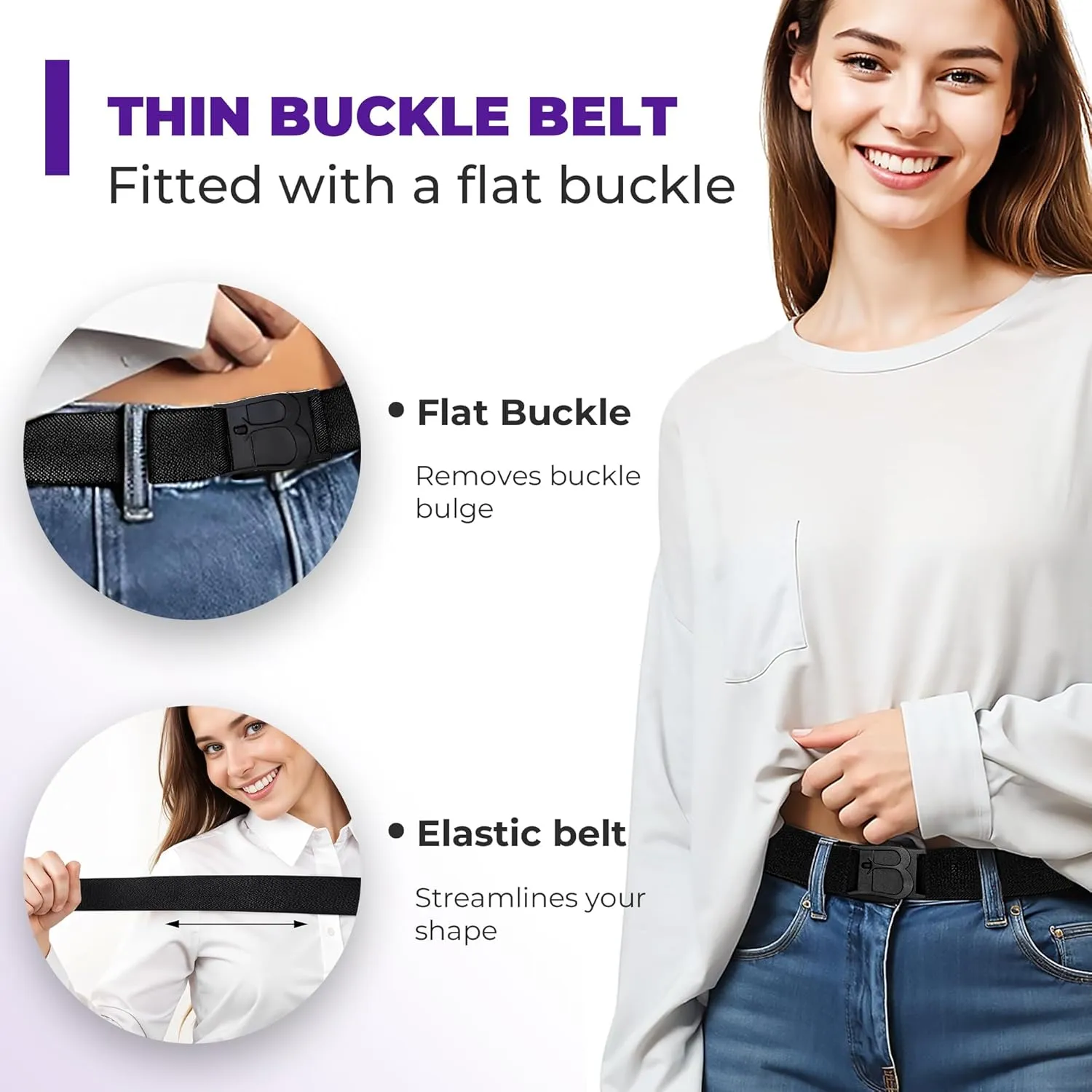 BELTAWAY Easily Adjustable No Show Women Stretch Belt Invisible Elastic Belt with Flat Buckle for Jeans Pants Dresses
