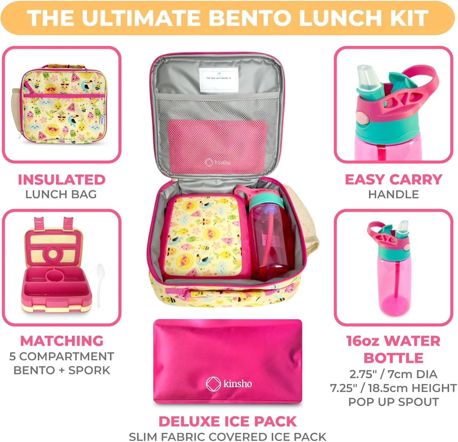 Bento Lunch Box with Insulated Bag, Water Bottle Ice Pack Set for Kids Toddlers, 5 Portion Sections, BPA Free Removable Tray, Pre-School Kid Toddler Daycare Lunches, Snack Container, Summer Set